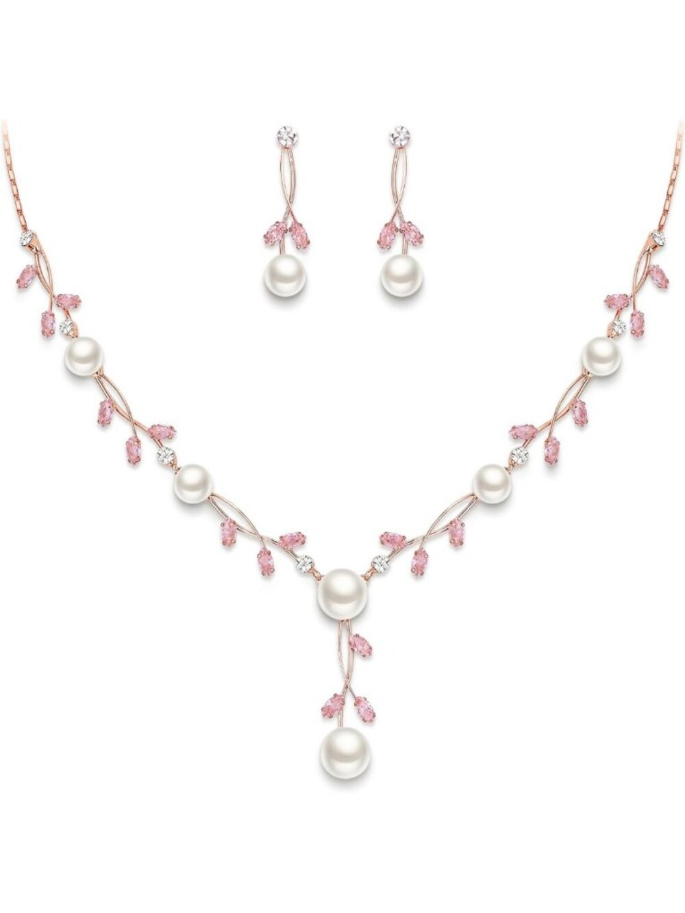 Elegant Pearl & Cubic Zirconia Leaf Vine Wedding Jewelry Set for Brides
